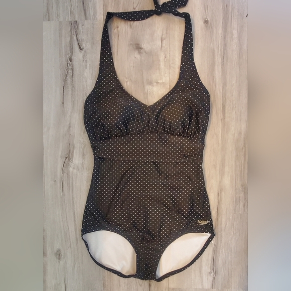 Speedo Halter Black with White Polka Dots One Piece Swimsuit Size Medium - Picture 5 of 6